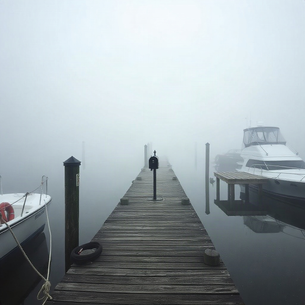 Old harbor dock covered in fog with a single mailbox